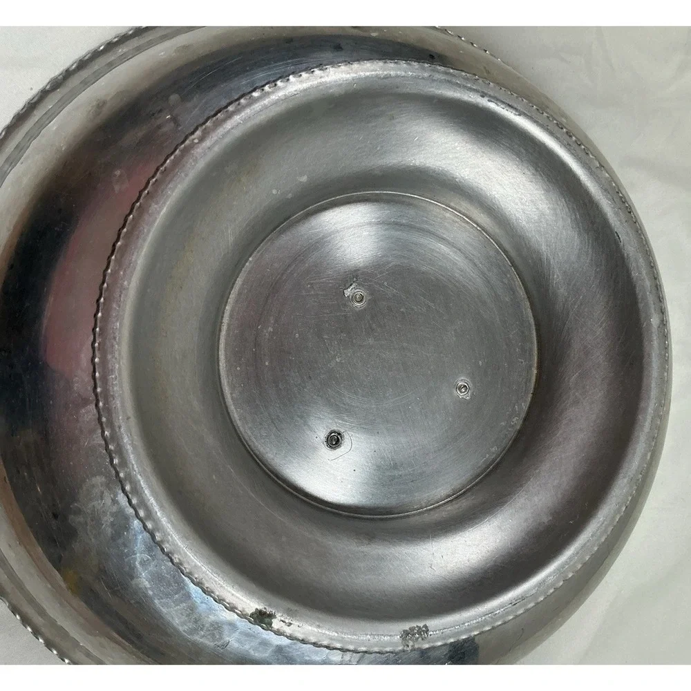 Hammered Aluminum Pedestal Serving Bowl Embossed Floral Scalloped Rim VTG